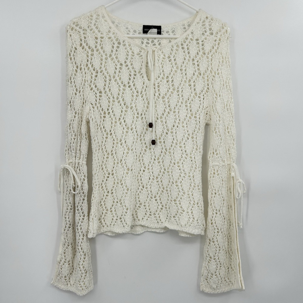 Vintage Y2K Womens Crochet Boho Bell Sleeve Top Size M Cottage Fairy Sheer Knit